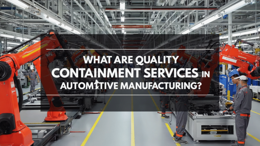 What Are Quality Containment Services in Automotive Manufacturing_' The banner shows an automotive factory with quality inspectors and assembly line.